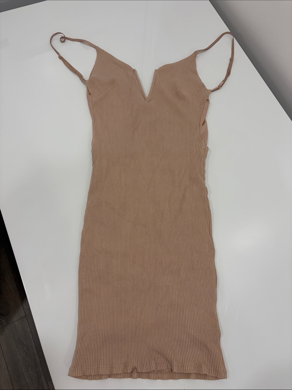 Mendocino Ribbed V-Neck Spaghetti Strap Midi Dress in Tan